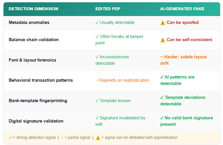 Detection comparison: Edited PDF vs AI-Generated Fake across 6 dimensions — metadata anomalies, balance chain, font forensics, behavioral patterns, bank-template fingerprinting, digital signature validation